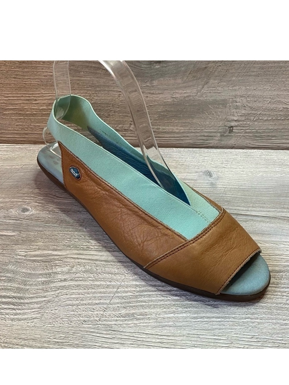 Cloud Caliber peep toe sling back brown and mint colored